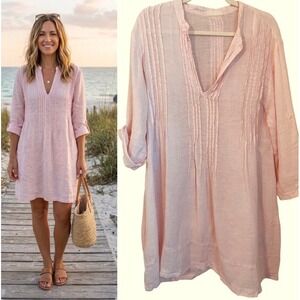 CP Shades Regina Tunic Dress Size L‎ Pink Pintuck Pleating Roll Tab Sleeve
